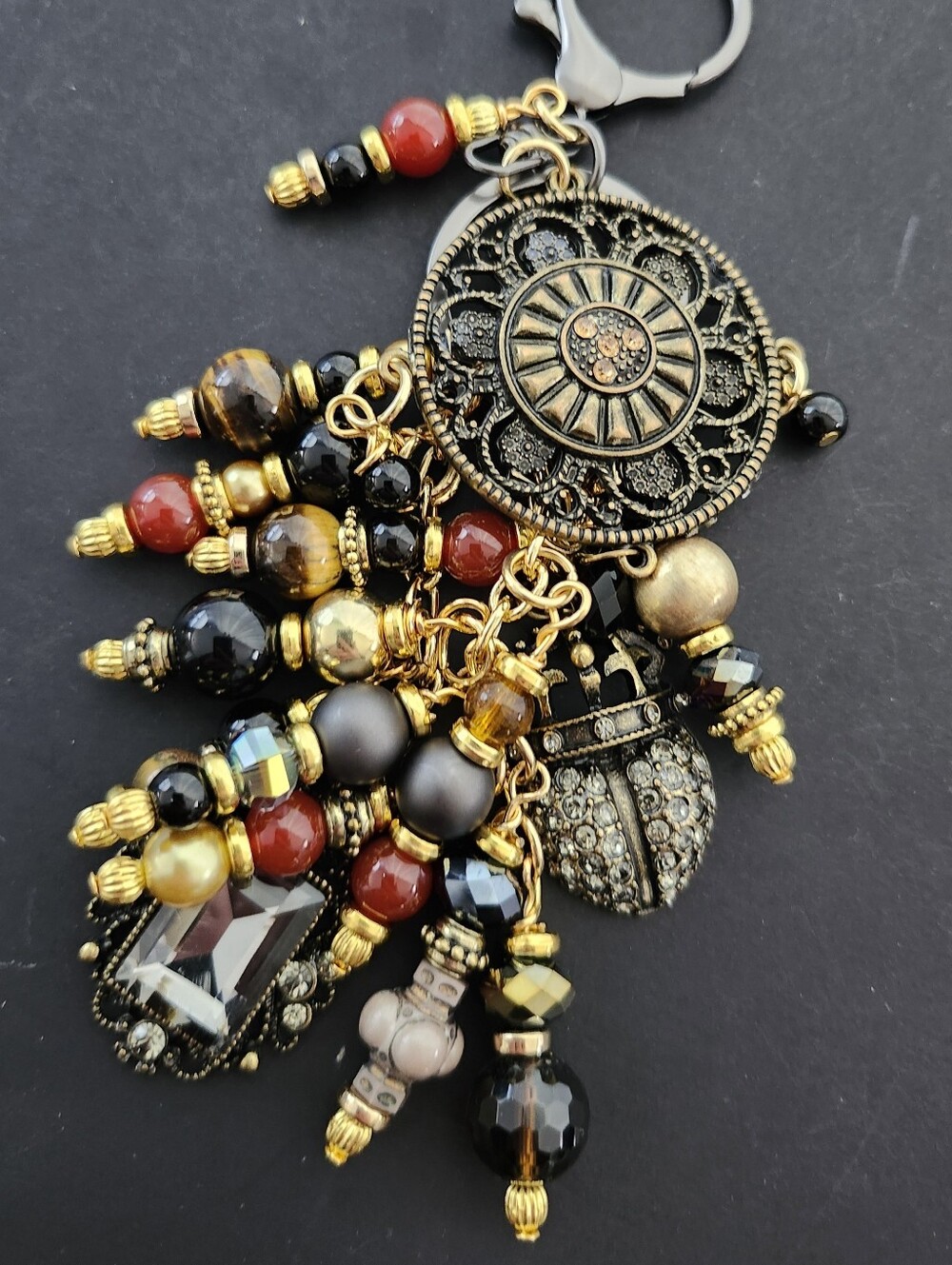 Upcycled Gothic Medallion Purse Charm Carnelian Tigers Eye Handcrafted